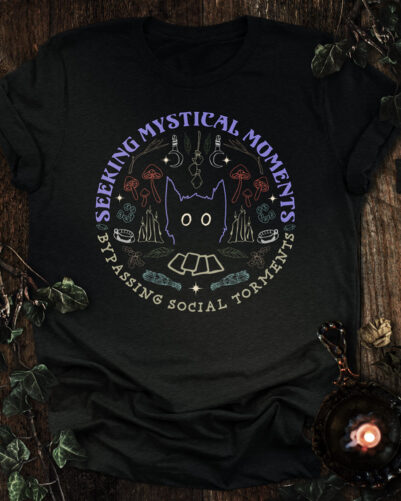 Seeking Mystical Moments, Bypassing Social Torments T-shirt. Unisex. Black Heather.