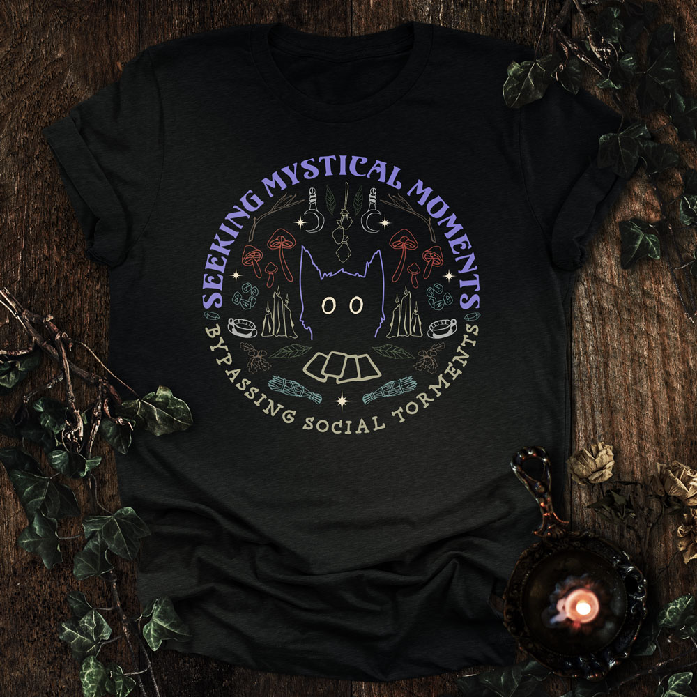 Seeking Mystical Moments, Bypassing Social Torments T-shirt. Unisex. Black Heather.