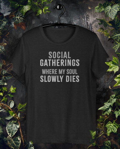 Dark humor introvert shirt with simple only text design on black heather color t-shirt.