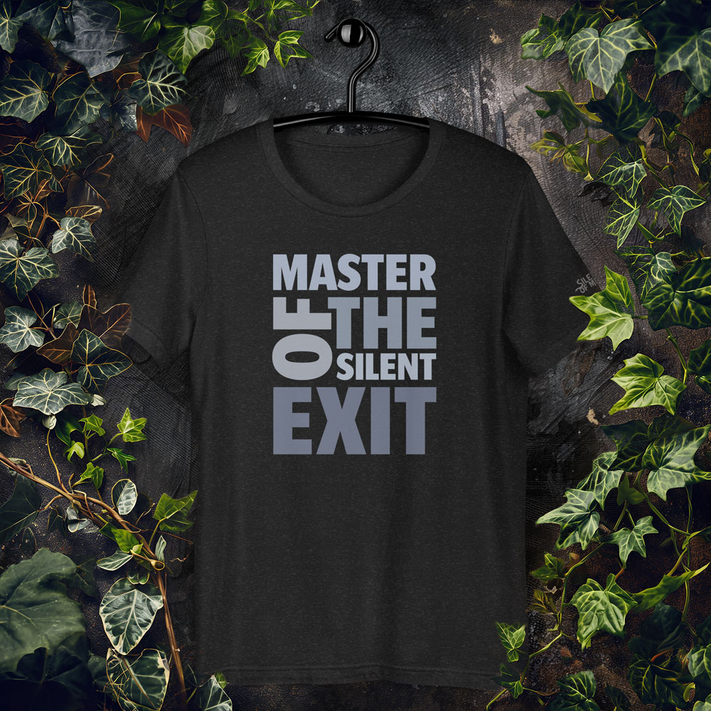 Master of the Silent Exit shirt with blue-toned text – quiet introvert t-shirt for those who leave social events without a word