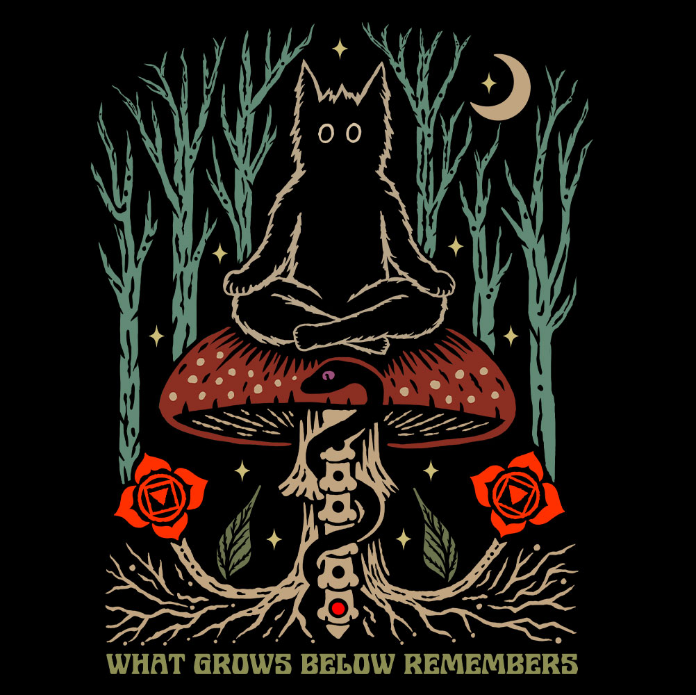 Root Chakra Cat T-Shirt design featuring a meditating black cat on a mushroom with a bone spine, glowing root chakra, and mystical forest elements.