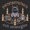 Illustration of a black cat in a hoodie sitting in a pentacle, surrounded by candles, a spellbook titled “The Grimoire of Ghosting,” a cauldron, belladonna, and headphones. Text reads “Summoning Exit Strategies.”