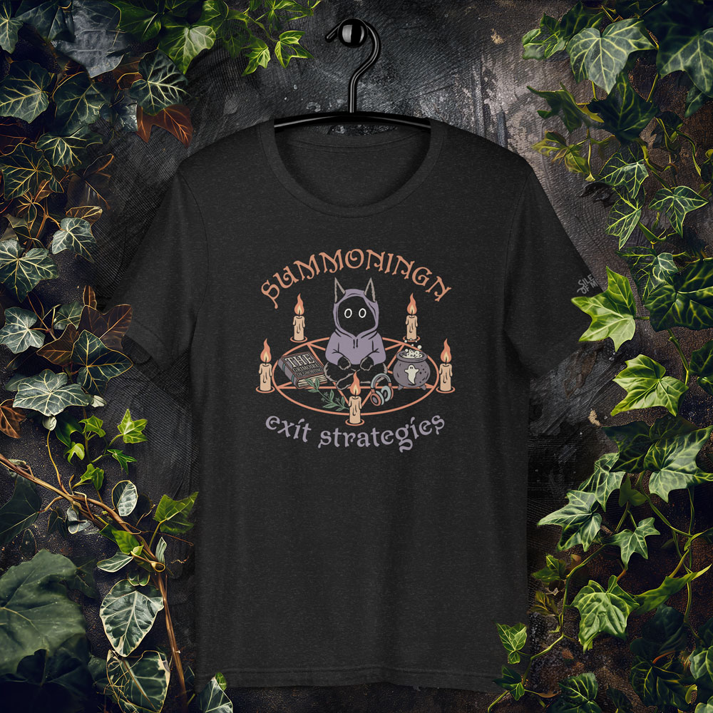 Illustration of a black cat in a hoodie sitting in a pentacle, surrounded by candles, a spellbook titled “The Grimoire of Ghosting,” a cauldron, belladonna, and headphones. Text reads “Summoning Exit Strategies.”