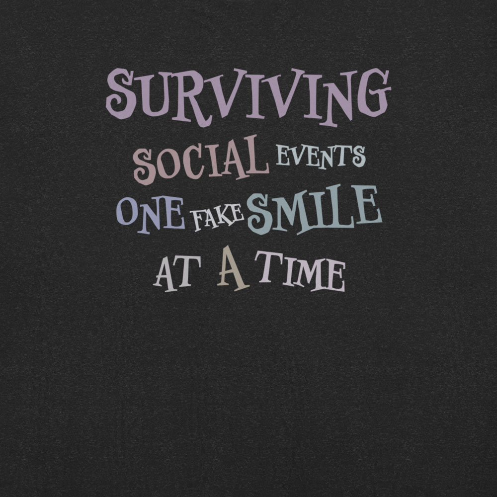 T-shirt with the phrase “Fake Smile” in soft, understated tones — a quiet nod to social exhaustion.