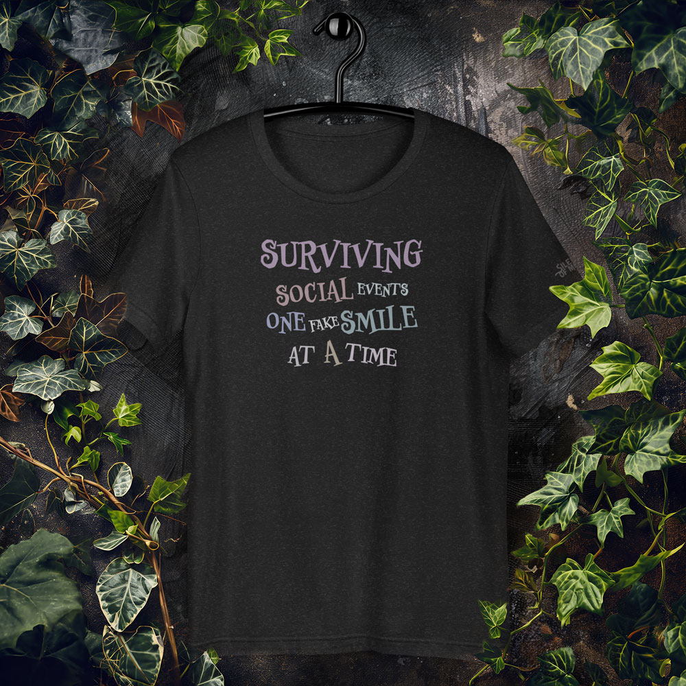 T-shirt with the phrase “Fake Smile” in soft, understated tones — a quiet nod to social exhaustion.