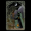 Illustration for the Hermit tarot cat t-shirt: a cloaked black cat holding a lantern and staff, standing near a barren tree with a book underneath, against a mountain backdrop and crescent moon. Text reads: “Only when utterly alone do you realize that you never are.”