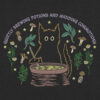 Witchy cat brewing potions t-shirt featuring a black cat with glowing eyes stirring a bubbling cauldron, surrounded by herbs, mushrooms, and stars. Text reads: “Quietly brewing potions and avoiding commotions.”