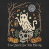 Linocut-style Ghost Cat T-shirt design featuring a spectral cat with lantern, skull with mushrooms, pumpkins, eerie trees, and glowing will-o’-the-wisps under a secretive moon.