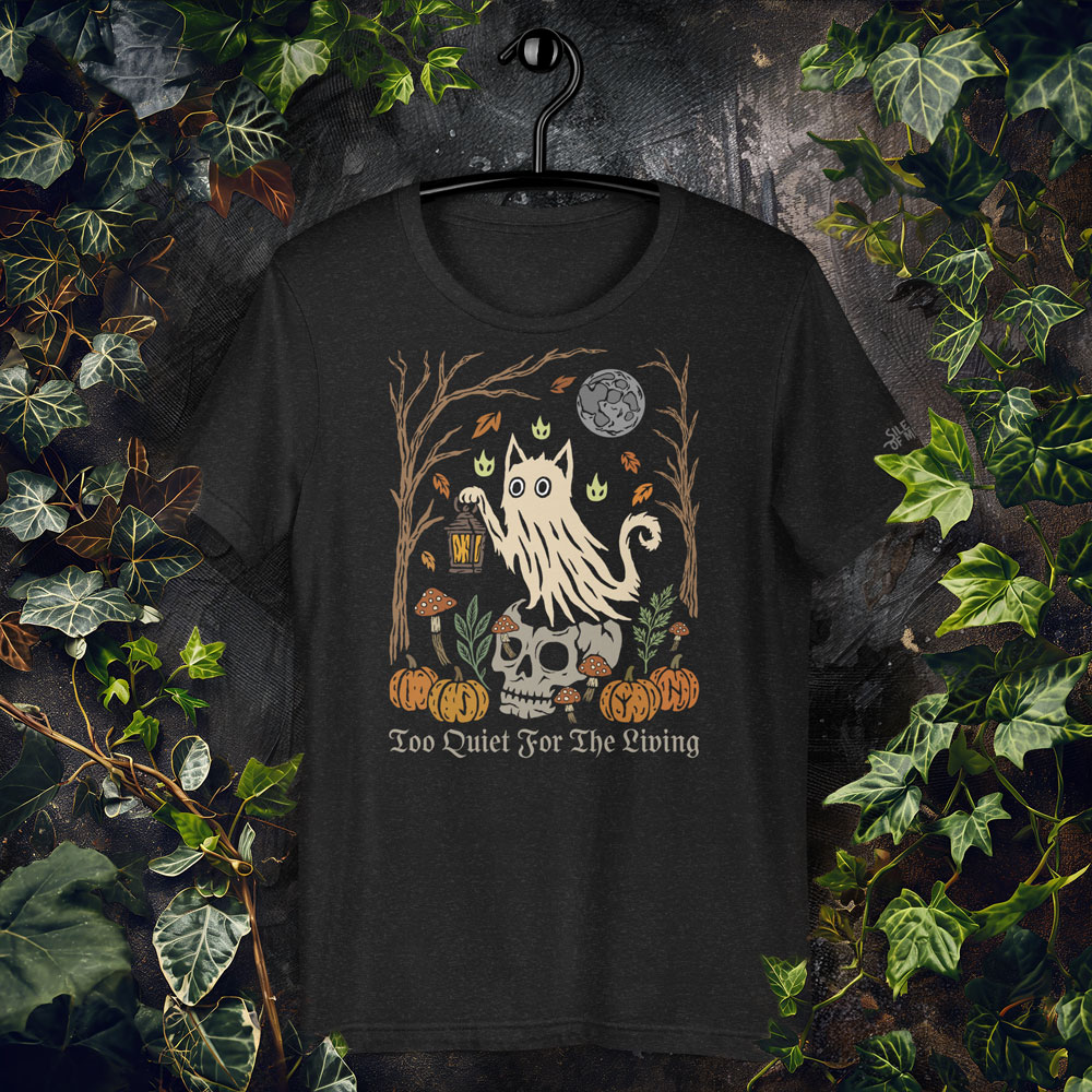 Linocut-style Ghost Cat T-shirt design featuring a spectral cat with lantern, skull with mushrooms, pumpkins, eerie trees, and glowing will-o’-the-wisps under a secretive moon.