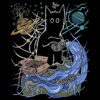 Illustration of an Aquarius cat t-shirt: a cat holding a water jug above planet Earth, with Saturn and Uranus floating in the cosmic background.