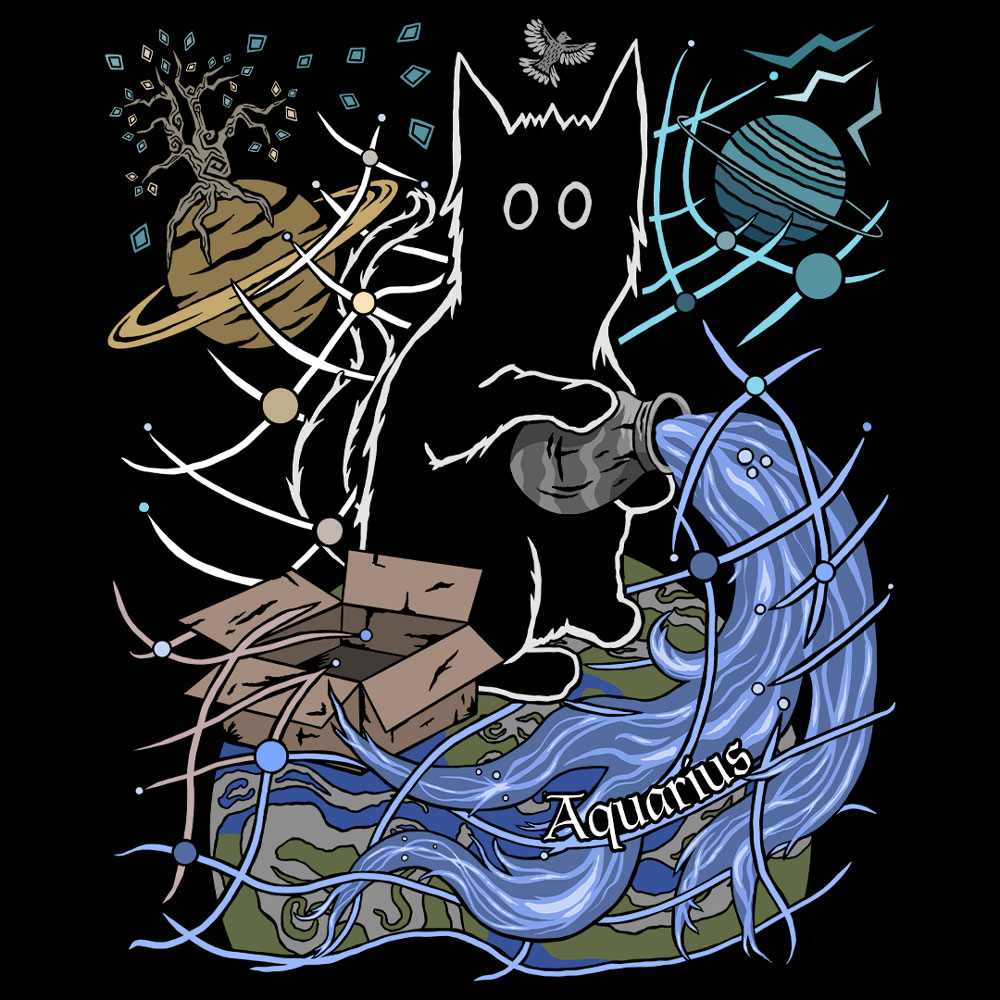 Illustration of an Aquarius cat t-shirt: a cat holding a water jug above planet Earth, with Saturn and Uranus floating in the cosmic background.