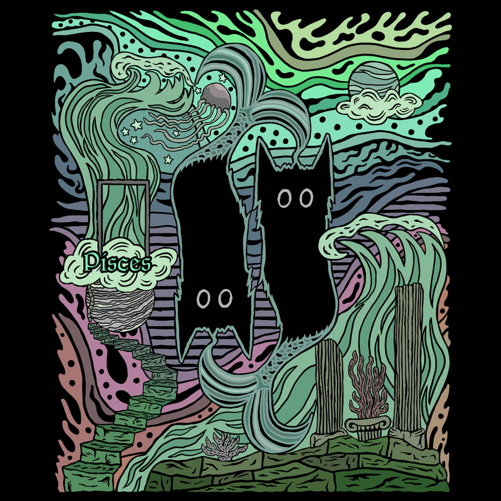Pisces cat t-shirt with poetic typography and symbolic imagery representing the Pisces zodiac sign and its intuitive, dreamlike nature.