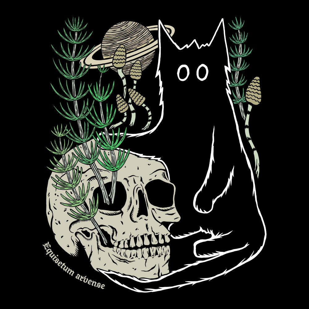 Saturn horsetail cat t-shirt inspired by traditional herbal symbolism, showing horsetail emerging from a skull beneath Saturn in an original cat illustration.