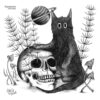 Botanical cat illustration featuring a cat, skull, horsetail plant, fungi, and Saturn in a dark vintage style.