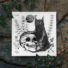 Cat resting its paw on a skull with horsetail growing from it, surrounded by fungi beneath Saturn.