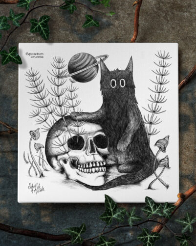 Cat resting its paw on a skull with horsetail growing from it, surrounded by fungi beneath Saturn.