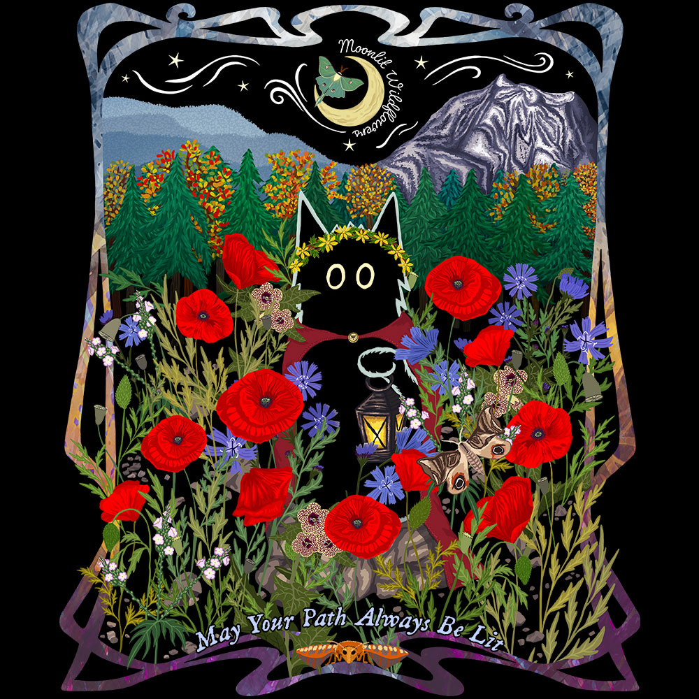 Moonlit Wildflowers Cat Illustration