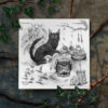Black cat holding a branch of nettles over a boiling cauldron, surrounded by mushrooms, candles, apples, and herbal cooking tools.