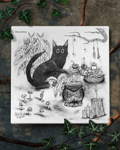 Black cat holding a branch of nettles over a boiling cauldron, surrounded by mushrooms, candles, apples, and herbal cooking tools.