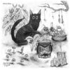 Detailed botanical illustration of a cat cooking nettles beside a cauldron, with mushrooms, candles, apples, a mortar, and a bottle of questionable contents.